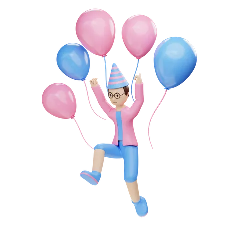 Young boy jump with balloons 3D Illustration