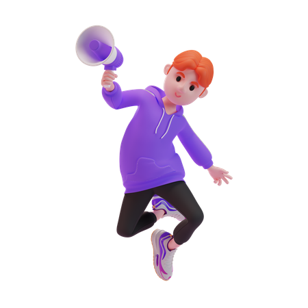 Young boy jumping in the air with a megaphone  3D Illustration