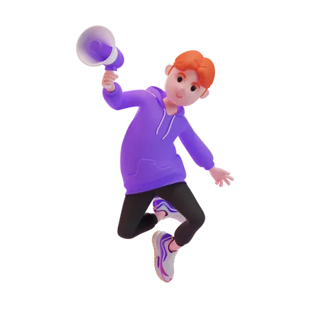 Young boy jumping in the air with a megaphone  3D Illustration