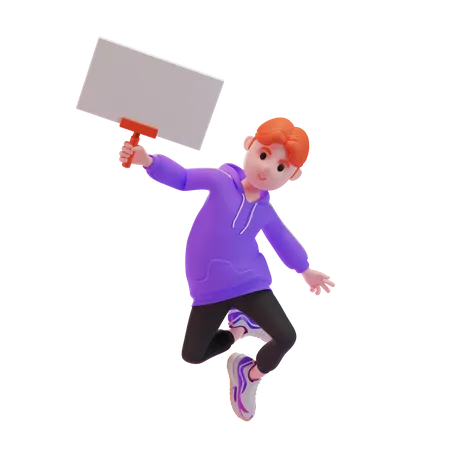 Young boy jumping in the air with blank placard  3D Illustration