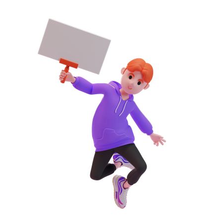 Young boy jumping in the air with blank placard 3D Illustration