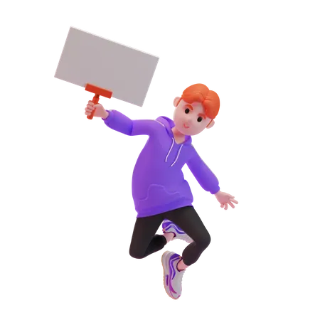 Young boy jumping in the air with blank placard 3D Illustration