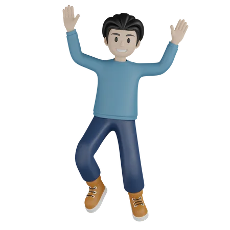 Young boy jumping with two hands up 3D Illustration