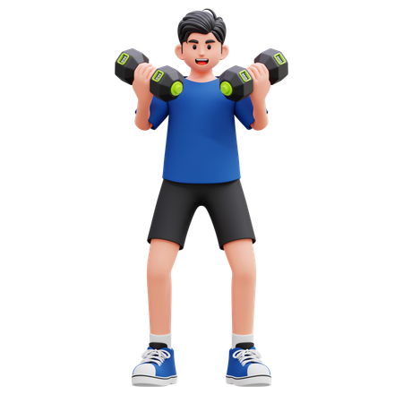 ダンベルを持ち上げる少年  3D Illustration