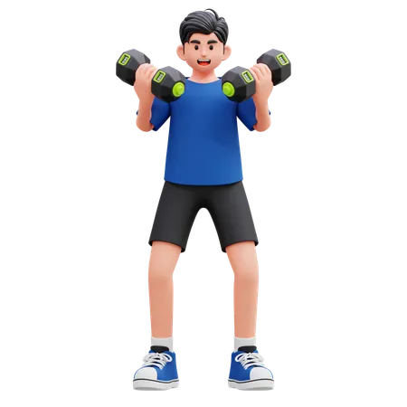 ダンベルを持ち上げる少年  3D Illustration