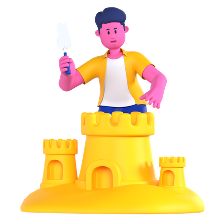 Young boy making Sand Castle  3D Illustration