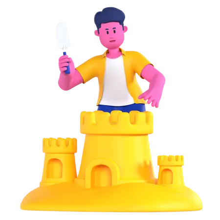 Young boy making Sand Castle  3D Illustration