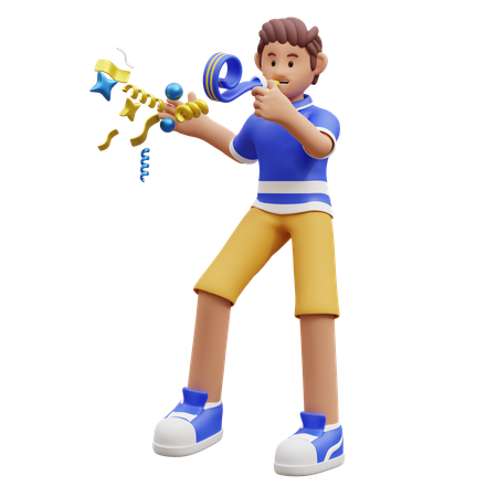 Young Boy Plying Blowing Horn  3D Illustration