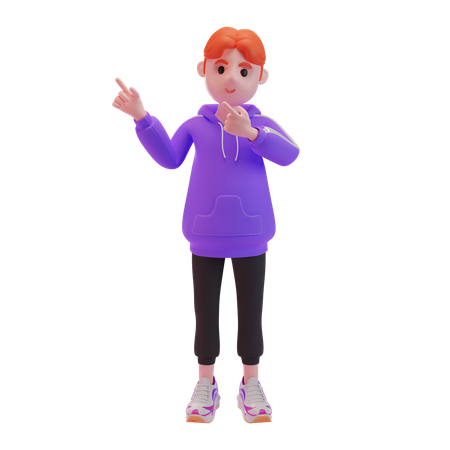 Young boy pointing fingers in direction  3D Illustration