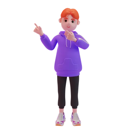 Young boy pointing fingers in direction  3D Illustration