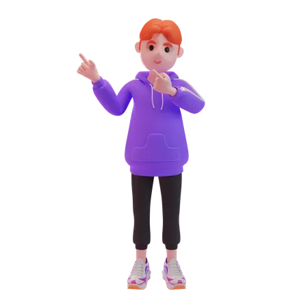 Young boy pointing fingers in direction 3D Illustration