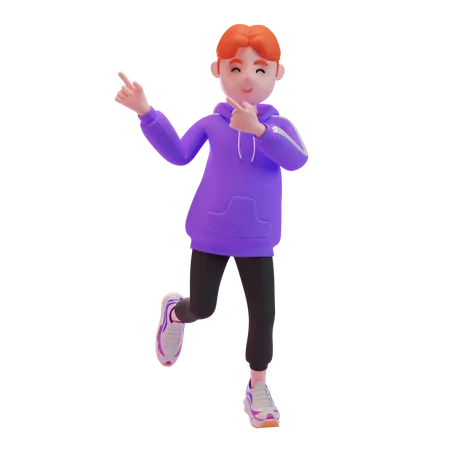 Young boy pointing fingers in direction 3D Illustration