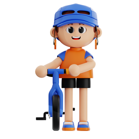 Young Boy Pushing Bicycle  3D Illustration