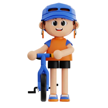 Young Boy Pushing Bicycle  3D Illustration