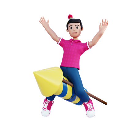 Young boy riding on big rocket  3D Illustration