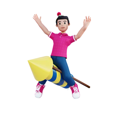 Young boy riding on big rocket  3D Illustration