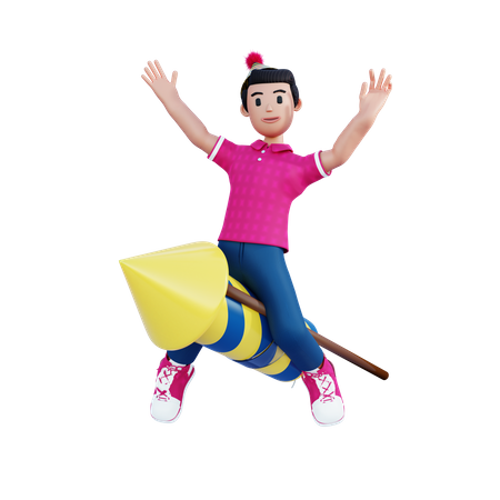 Young boy riding on big rocket 3D Illustration