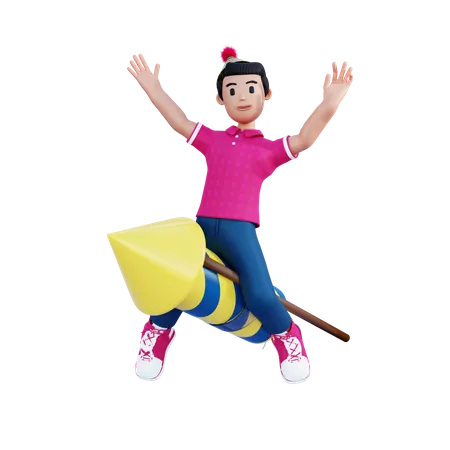 Young boy riding on big rocket 3D Illustration