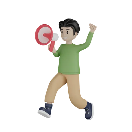 Young boy running and doing marketing announcement  3D Illustration