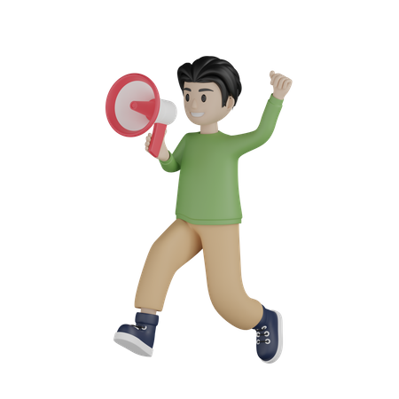 Young boy running and doing marketing announcement 3D Illustration