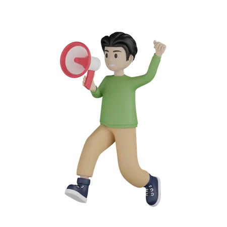 Young boy running and doing marketing announcement 3D Illustration
