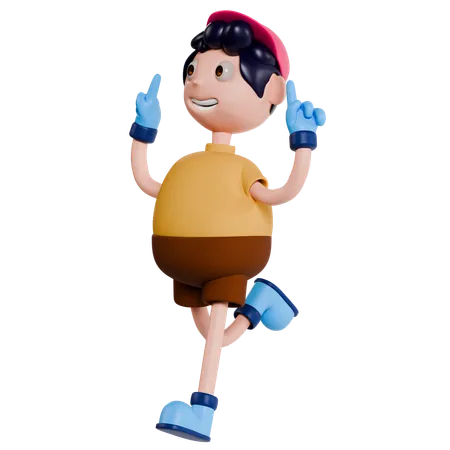 Young Boy Running While Pointing Up  3D Illustration