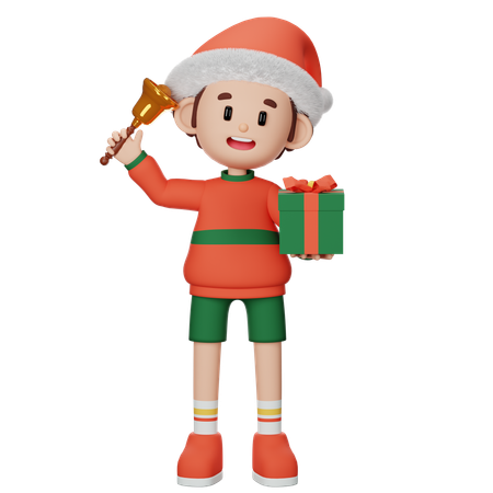 Young boy Shaking Bell while holding gift  3D Illustration