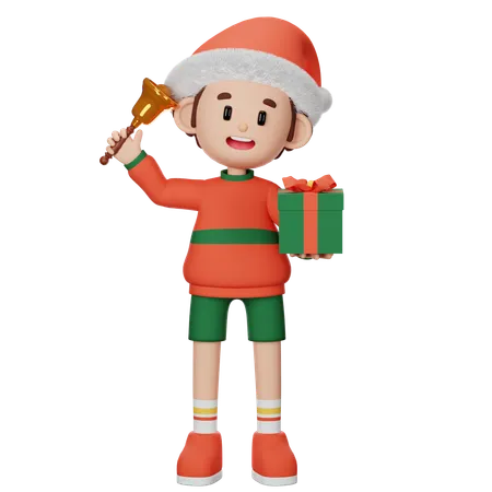 Young boy Shaking Bell while holding gift  3D Illustration