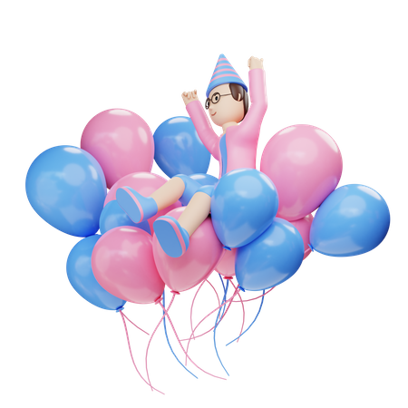 Young boy sit on balloons 3D Illustration