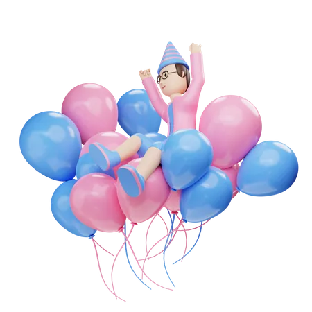Young boy sit on balloons 3D Illustration