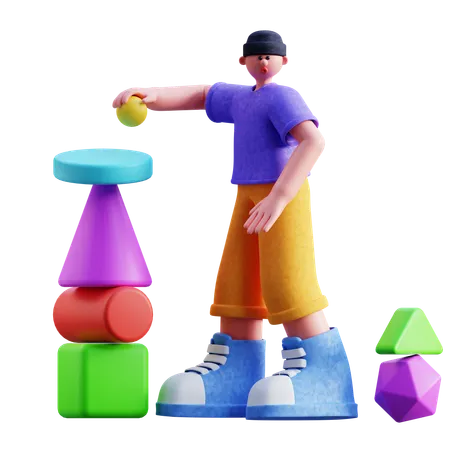 Young Boy Stacking Shapes  3D Illustration