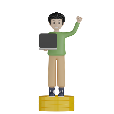 Young boy standing on coins and holding laptop  3D Illustration