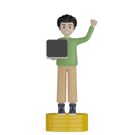 Young boy standing on coins and holding laptop  3D Illustration