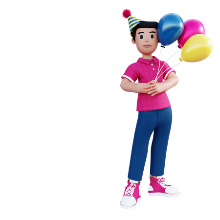 Young Boy Standing With Colorful Balloons  3D Illustration