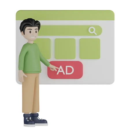 Young boy touch ad button  3D Illustration