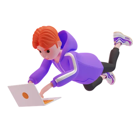 Young boy using a laptop while flying 3D Illustration