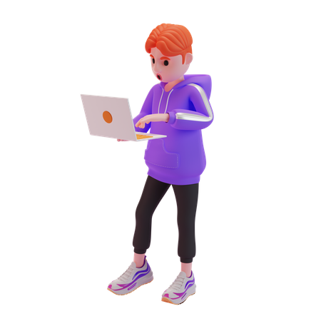 Young boy using laptop 3D Illustration
