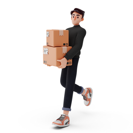 Young boy walking and  holding logistics  3D Illustration