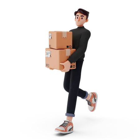 Young boy walking and  holding logistics  3D Illustration