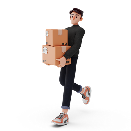 Young boy walking and  holding logistics 3D Illustration