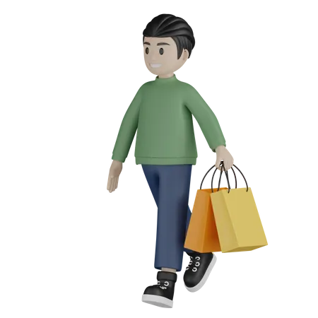 Young boy walking and holding shopping bags  3D Illustration