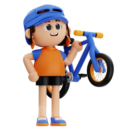 Young Boy Wearing Helmet While Bringing Bicycle  3D Illustration