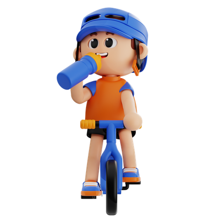 Young Boy Wearing Helmet While Drinking Water During Cycling  3D Icon