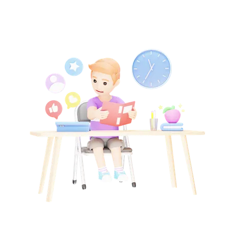 Young boy who is distracted by iPad and social networking sites  3D Illustration
