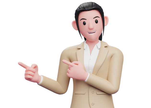 Young Business woman pointing to the side with both fingers 3D Illustration