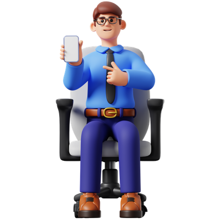 Young Businessman Sitting and Showing Smartphone  3D Illustration