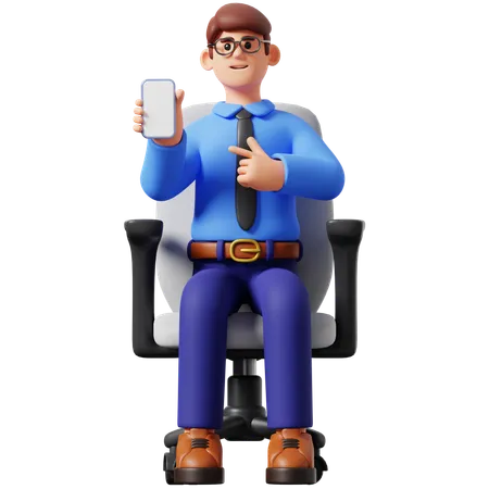 Young Businessman Sitting and Showing Smartphone  3D Illustration