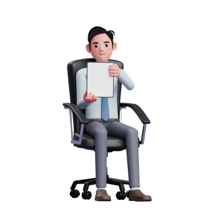 Young businessman sitting in office chair and holding tablet with both hands showing screen  3D Icon