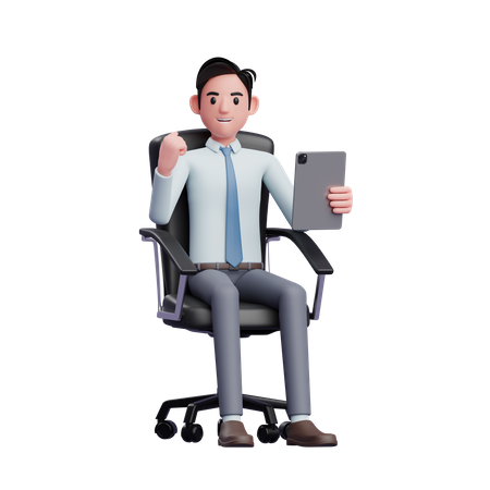 Young businessman sitting in office chair holding tablet while celebrating  3D Illustration