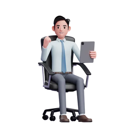 Young businessman sitting in office chair holding tablet while celebrating  3D Illustration